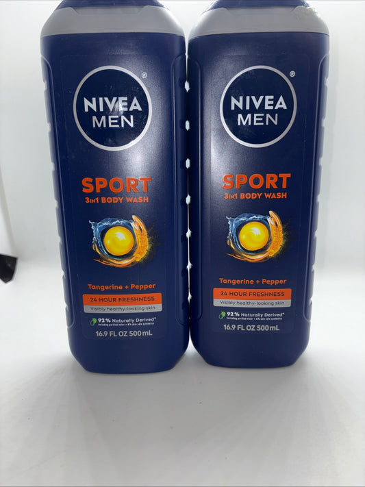 Nivea Men Sport Body Wash - Tangerine & Pepper Scent, 16.9 fl oz (Set of 2)