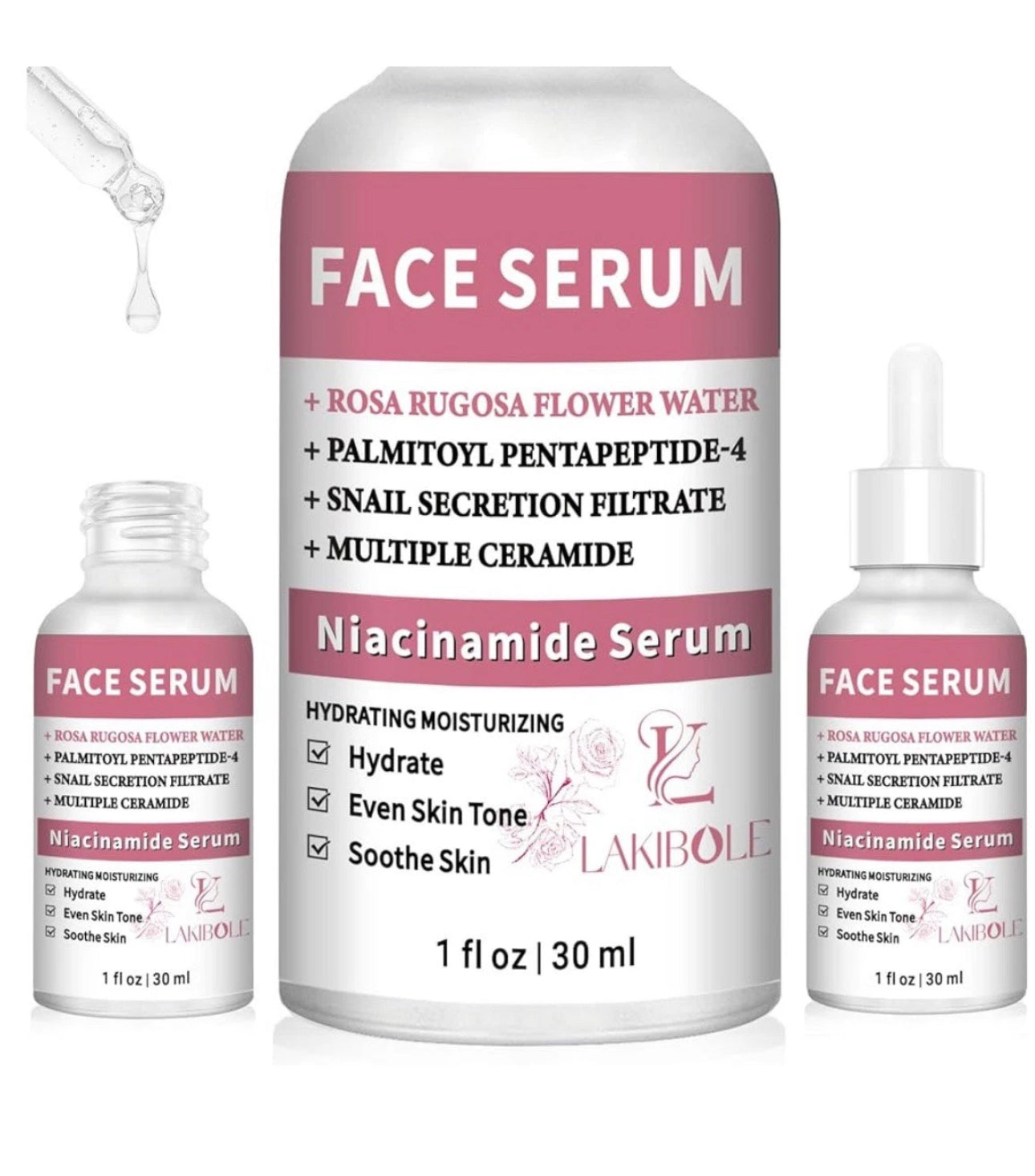 LAKIBOLE 5% Niacinamide Serum with 5% Damascus Rose Floral Water - 3 Pack + 1 Bonus Free (0.507 fl oz | 15ml each)