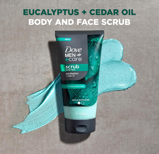 DOVE MEN + CARE Body and Face Scrub Eucalyptus Deeply Exfoliates for Hydrated & Nourished Skin 100% Gentle Cleanser, No Sulfate Cleansers or Parabens 9 oz
