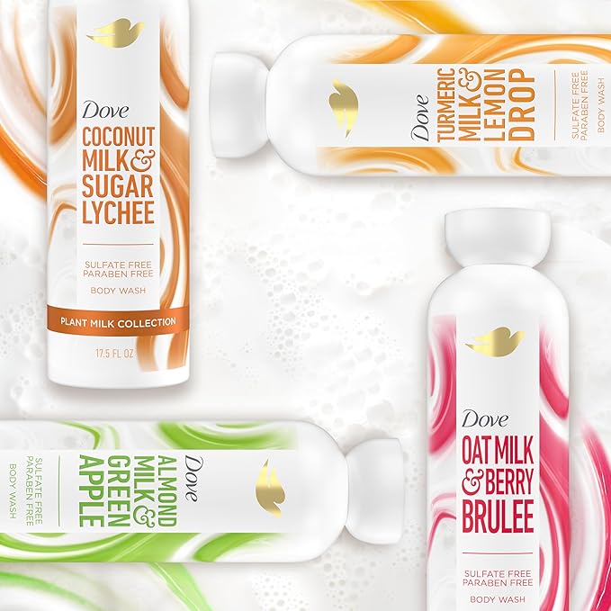 Dove Plant Milk Cleansing Body Wash - Choose Your Scent (Oat Milk & Berry Brulee, Almond Milk & Green Apple, Coconut Milk & Sugar Lychee, Turmeric & Lemon), 17.5 fl oz