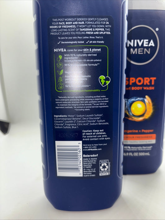 Nivea Men Sport Body Wash - Tangerine & Pepper Scent, 16.9 fl oz (Set of 2)