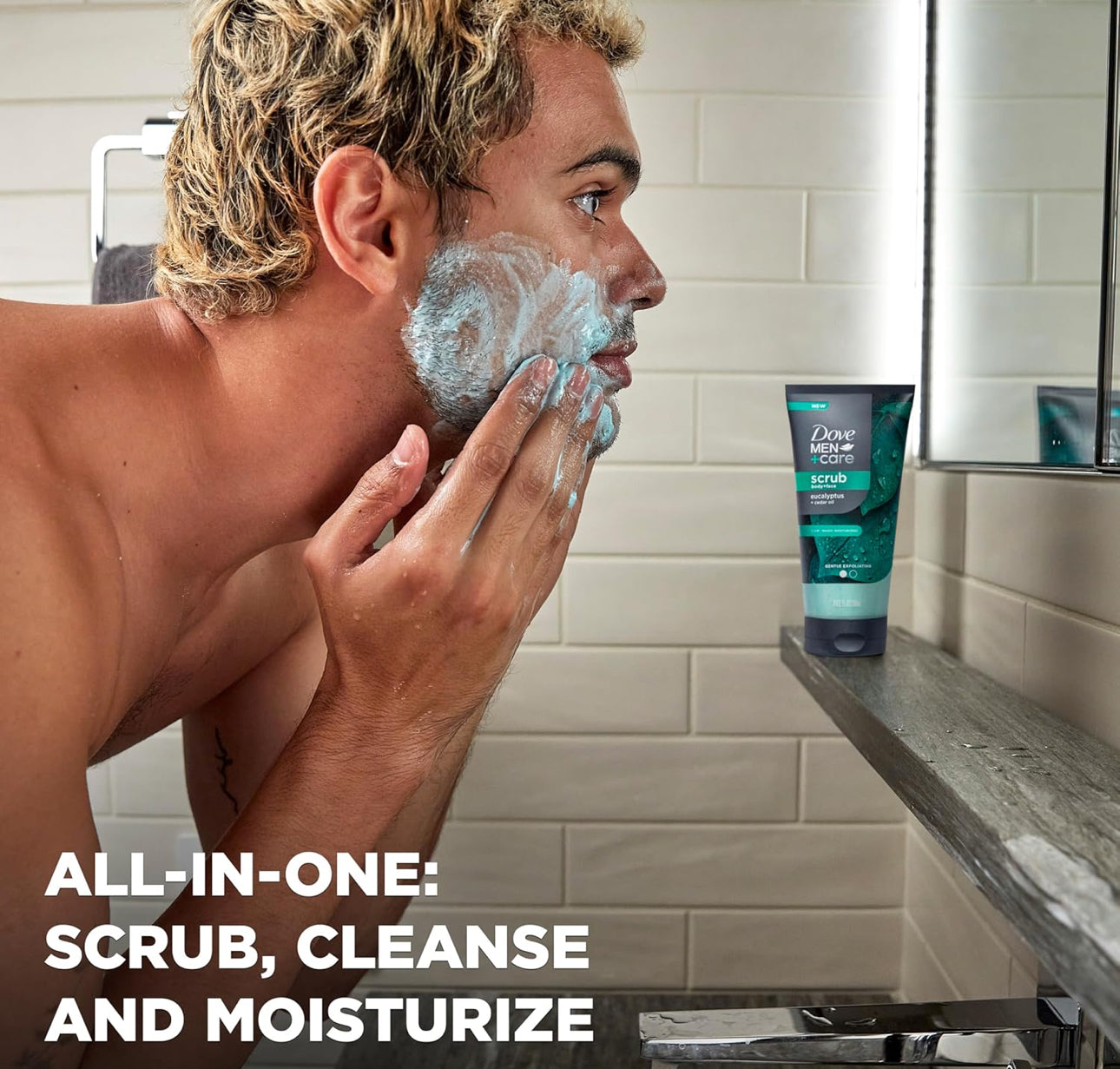 DOVE MEN + CARE Body and Face Scrub Eucalyptus Deeply Exfoliates for Hydrated & Nourished Skin 100% Gentle Cleanser, No Sulfate Cleansers or Parabens 9 oz